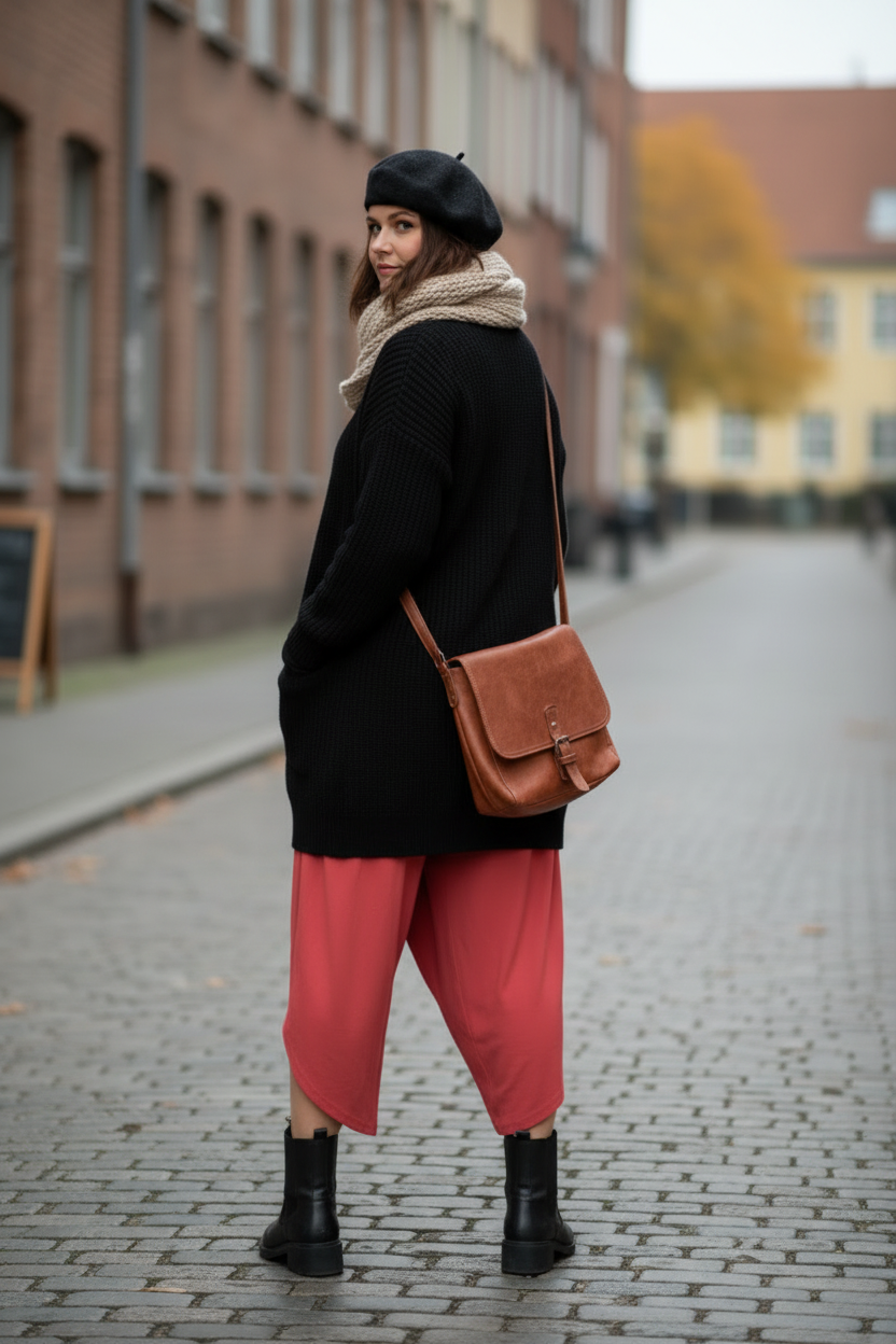 Röda byxor bakifrån med öppen kofta