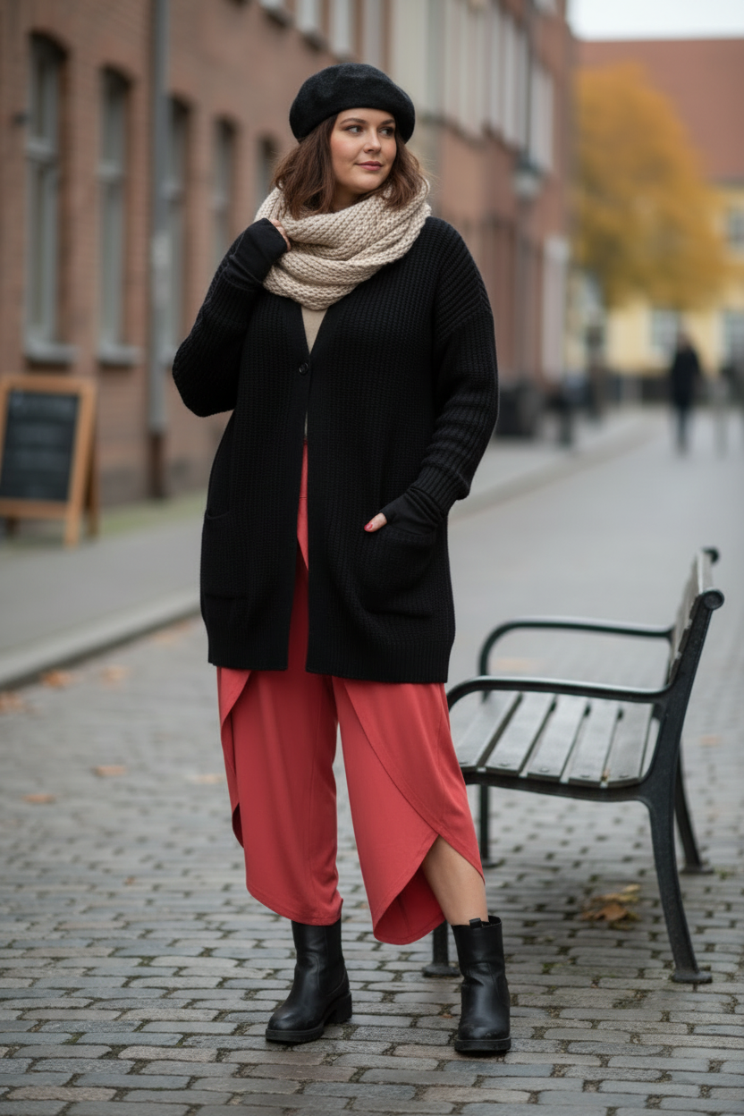 Röda byxor i stadspose utan väska