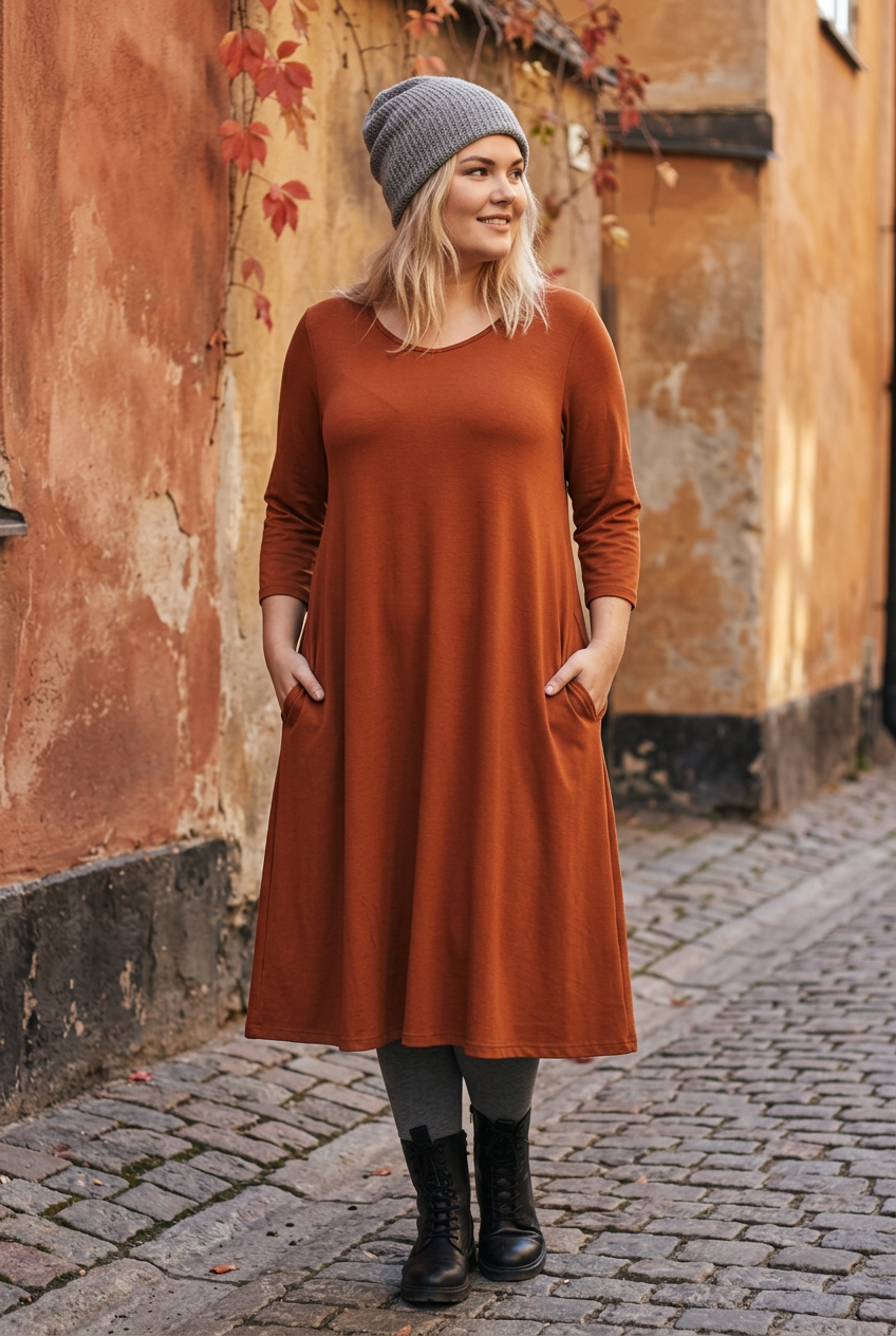 Rostfärgad midi med grå leggings, framifrån