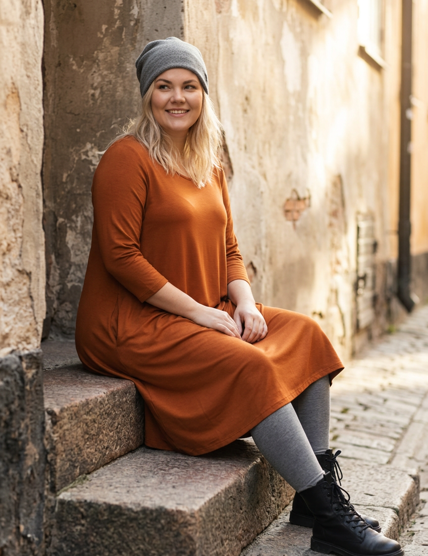 Rostfärgad midi sittande på stentrappan