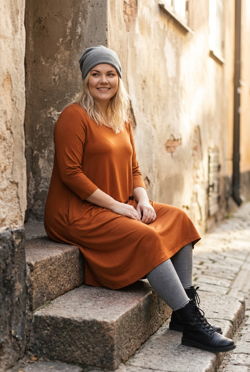 Rostfärgad midi sittande på stentrappan