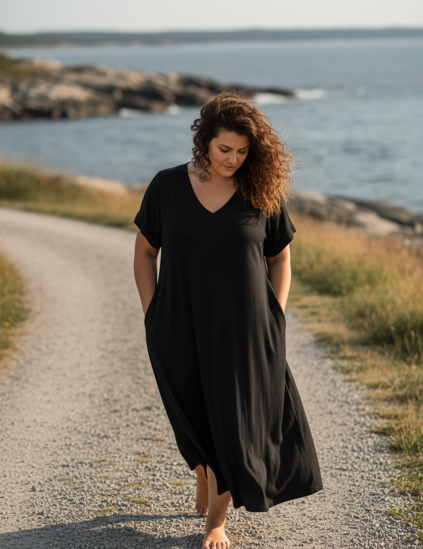 Svart — gående på grusväg, händer i fickor