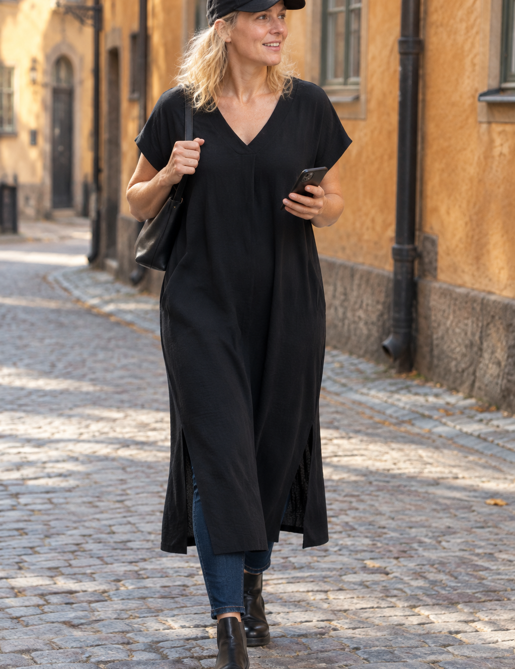 Svart klänning med blå jeans, vid gammal fasad