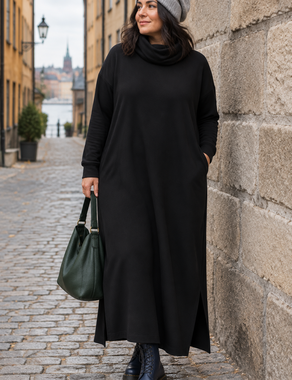 Svart poloklänning vid stenmur