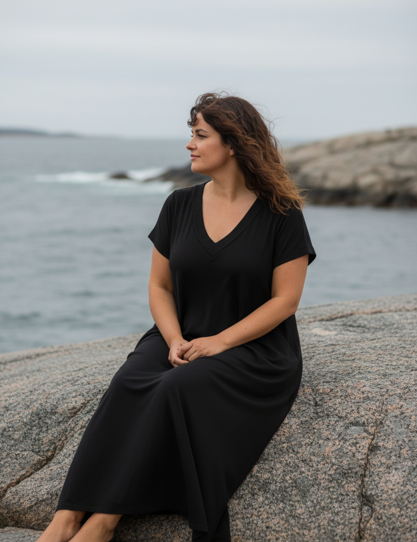 Svart — sittande på klippa, blickar ut