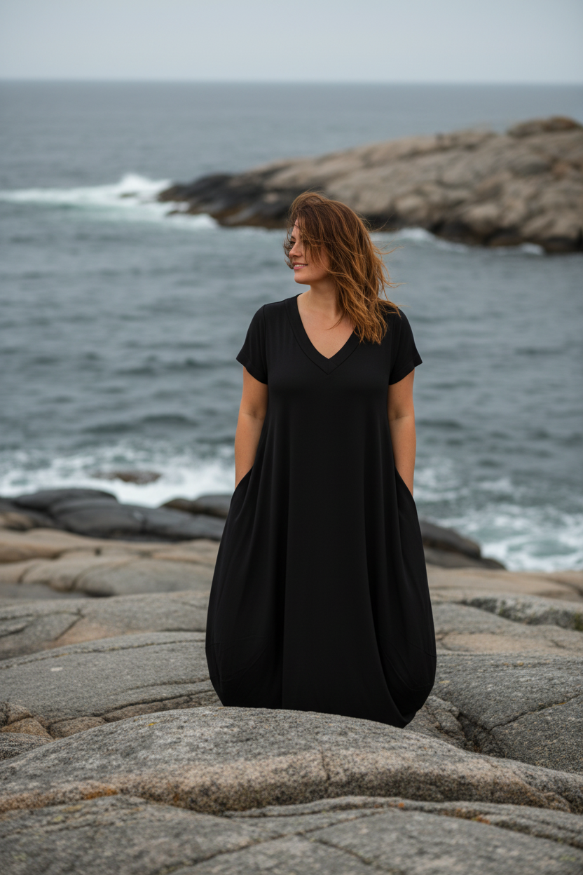 Svart V-Neck på klippor, stående