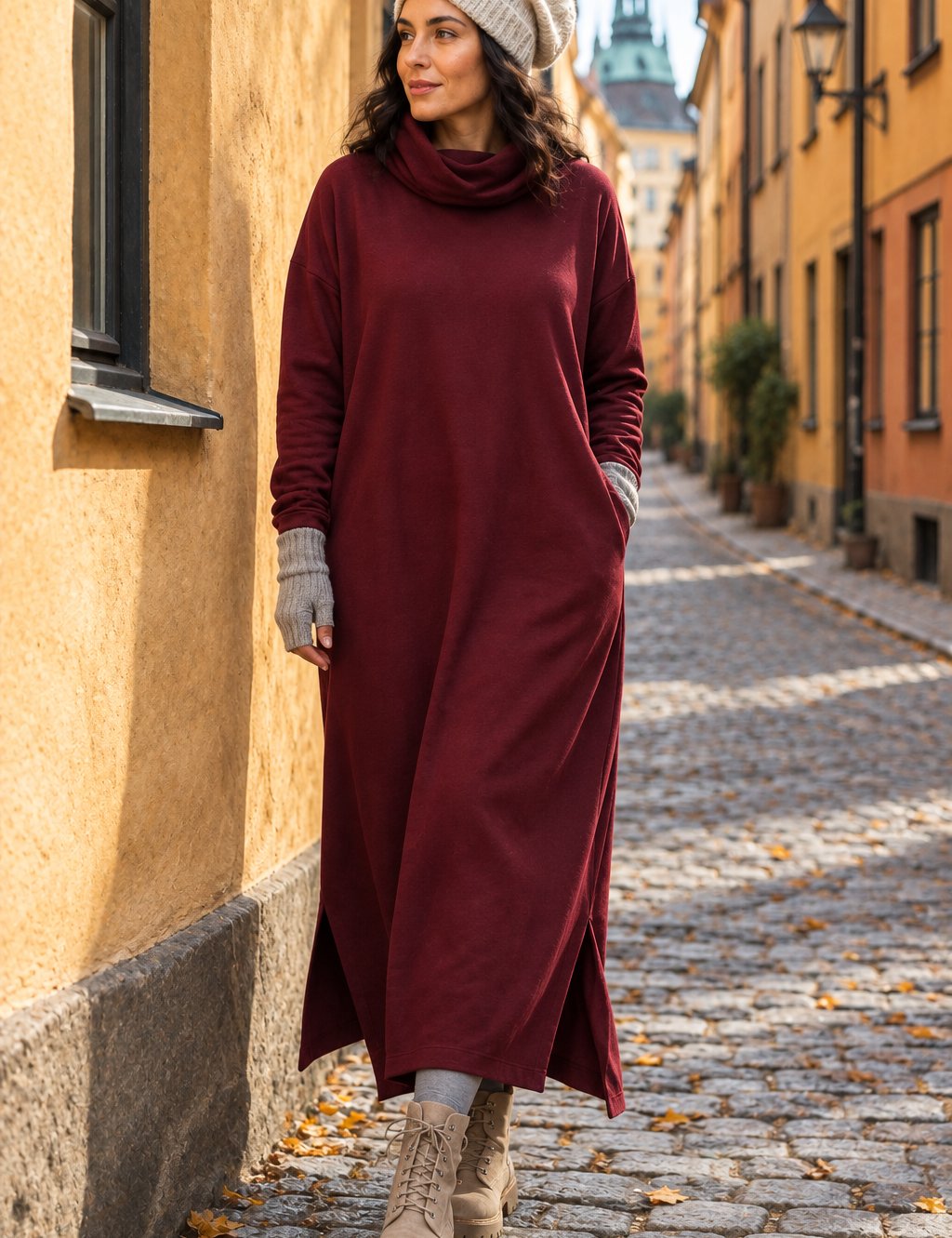 Vinröd poloklänning i höstsol
