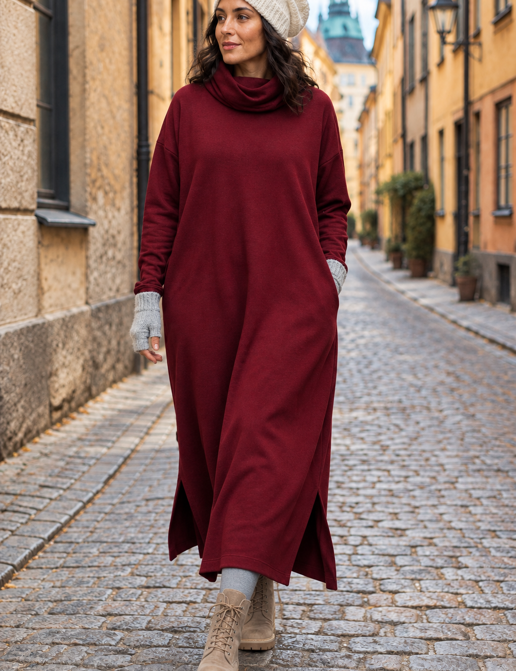 Vinröd poloklänning på kullerstensgata